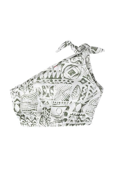 Quzu Single Shoulder Natural Patterned Linen Crop Blouse