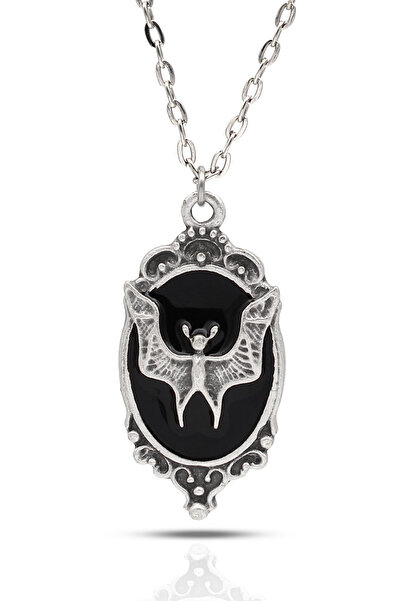 kolbi Yarasa Figürlü Madalyon Gotik Kolye - Siyah Mineli Antik Gümüş Kaplama ...