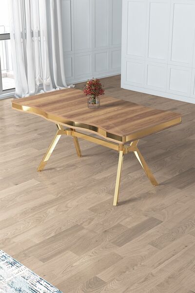 Canisa Prah Serisi 90x160 Lak Panel Hazar Gold Ayak Masa Takımı 6 Siyah Sandalye