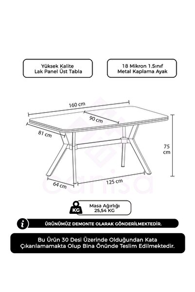 Canisa Esla Serisi 90x160 Lak Panel Sonata Gold Kaplama Ayaklı Masa