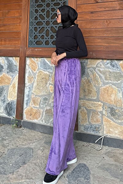 QLAY Βελούδινο γυναικείο παντελόνι - με ραβδώσεις και φαρδύ πόδι