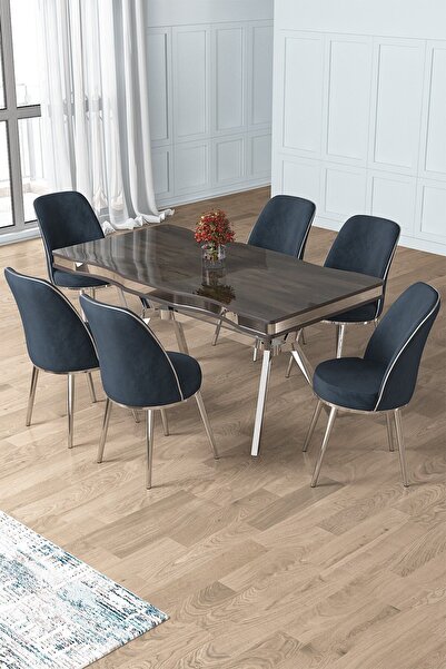 Canisa Prah Serisi 90x160 Lak Panel Antrasit Ironi Krom Ayak Masa Takımı 6 Antrasit Sandalye