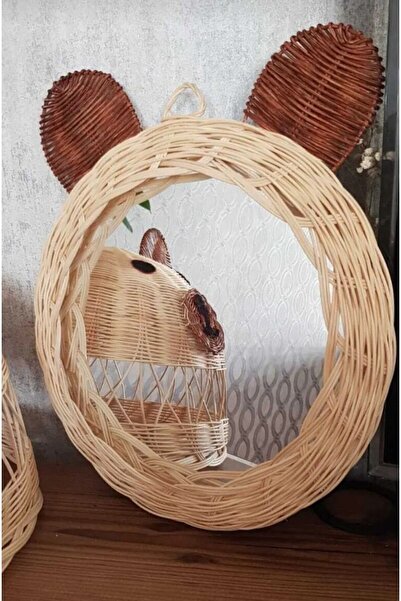 Veneris Home Çocuk Odası Panda Kulaklı Avize Ve Ayna Seti, Rattan Bambu Hasır Ayı Figürlü Avize Ayna