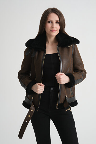 By Marki Marki Hakiki Deri Kemerli Ceket, Kürk Iç Astar, Balıkçı Yaka, Kahver...