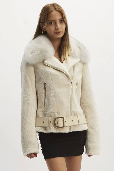 By Marki Marki Astragan, Leather Coat with Fur Collar: Beige Leather Coat with Belt Detail, Bohemian Design-108222