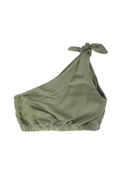 Quzu Khaki Single Shoulder Crop Linen Blouse