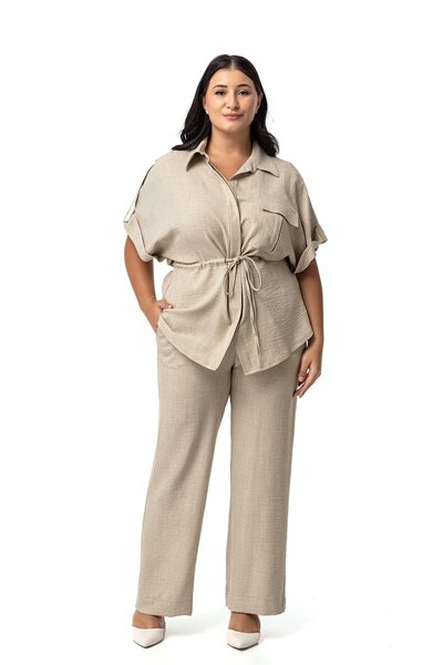 DISENTIS MODEST Beige Colored Plus Size Shirt and Trousers Set - Half Sleeve