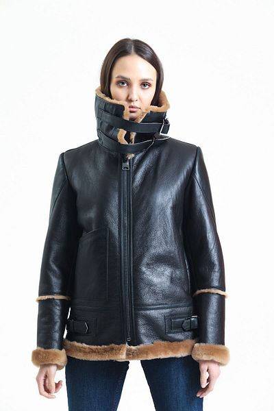 By Marki Marki Brown Vintage Fur Leather Coat - Turtleneck, Oversize - 105222