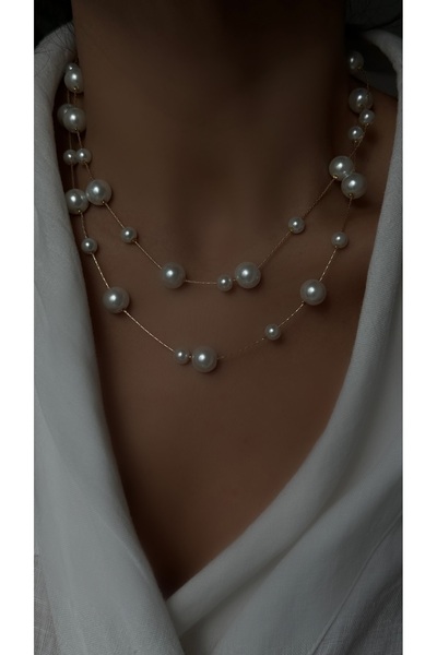 Vi store Gold Çift Zincirli Top İnci Kolye