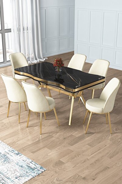 Canisa Prah Serisi 90x160 Lak Panel Sonata Desen Gold Ayak Masa Takımı 6 Krem...