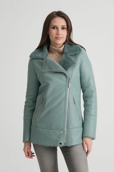 By Marki Marki Light Blue Genuine Leather Coat - Soft Fur Collar, Fur Inside, 73 Cm, Modern Fit Cut - 114322
