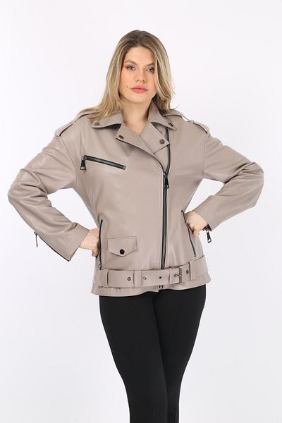 By Marki Marki Genuine Leather Beige Coat, Double Breasted Lapel, Women's Leather Jacket, Oversize with Belt, 70 cm Length