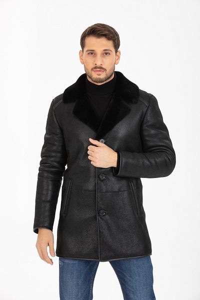 By Marki Marki Men's Genuine Leather Coat, Fur Collar Coat, Black Fur Inside -500822