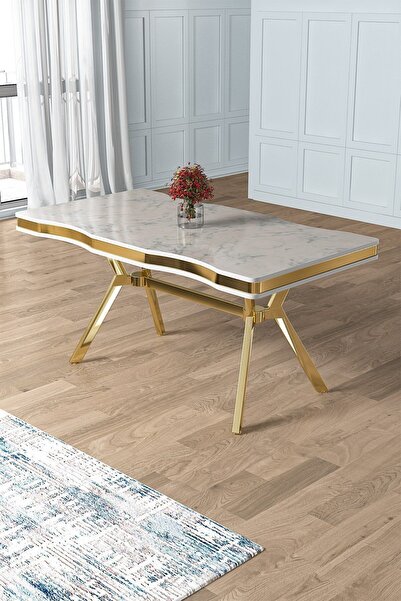 Canisa Prah Serisi 90x160 Lak Panel Beyaz Mermer Desen Mutfak Masası Gold Ayak