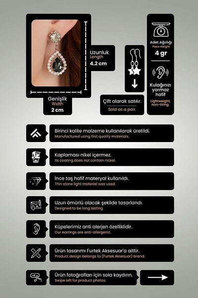 Furtek Aksesuar Women's Radiante Black Model Zircon Stone Silver Evening Dress Dangle Wedding Engagement Party Prom Daily Earrings