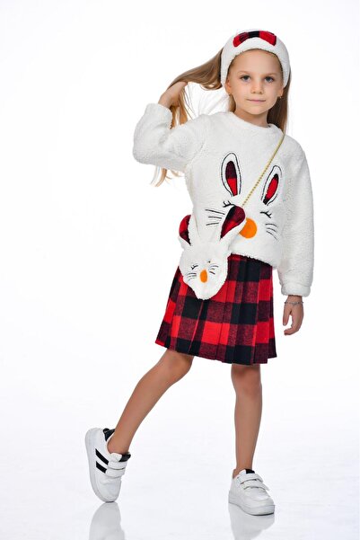 Kamex Red Black Girl's Set - Plush Plaid Skirt, Bag and Bandana Accessory