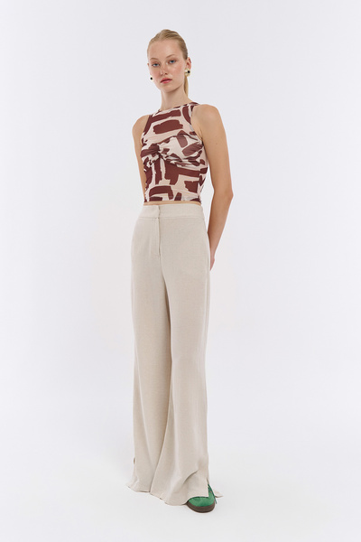 Quzu Cep Detaylı Yüksek Bel Geniş Paça Pantolon Naturel