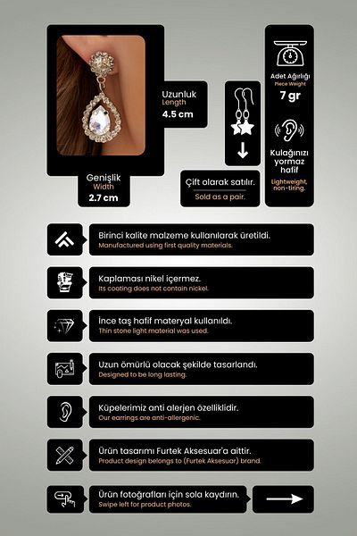 Furtek Aksesuar Women's Radiante Transparent Model Zircon Stone Silver Evening Dress Dangle Wedding Engagement Party Prom Daily Earrings