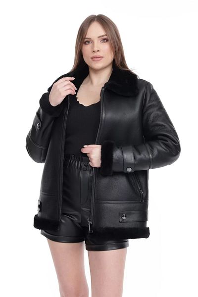 By Marki Marki Black Genuine Leather Women's Jacket - Turtleneck, Belt, Fur Inner - 109122