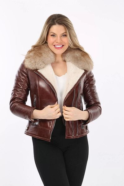 By Marki Marki Brown Vintage Furry Genuine Leather Women's Jacket - Without Belt 121072