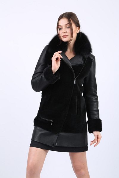 By Marki Marki Women's Genuine Fur Leather Coat - Fur Collar, Zipper, Stylish - 106522