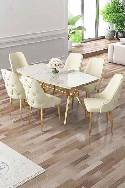 Canisa Asel Serisi 90x160 Lak Panel Beyaz Mermer Desen Gold Ayaklı Masa Takımı ve 6 Krem Sandalye