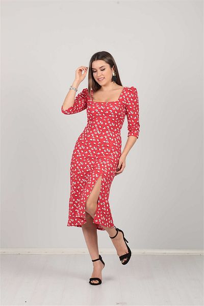 giyimmasalı Red Floral Pattern Slit Dress