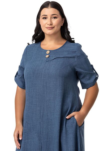 DISENTIS MODEST Μακρύ Indigo φόρεμα με λεπτομέρεια με σκίσιμο - Plus Size, διπλωμένο και επωμίδα