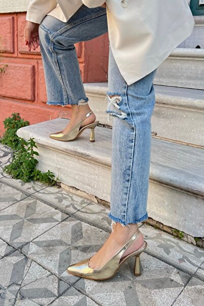 POLKA STORE Spark Metallic Skin Gold Gold Yellow Pointed Toe Open Back Stiletto Evening Dress Heeled Women's Shoes