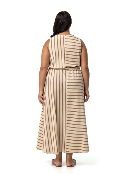DISENTIS MODEST Plus Size Asymmetrical Mink Striped Dress - Thick Sling and Belt Detail