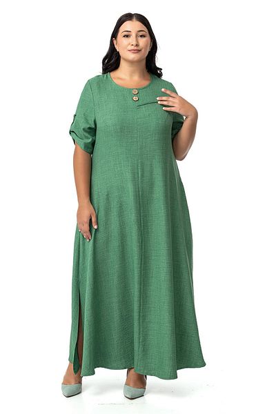 DISENTIS MODEST Πράσινο μακρύ φόρεμα - Plus Size με διπλωμένο μισό μανίκι και επωμίδες