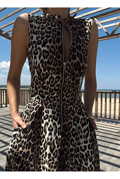 FMN Moda Φόρεμα ισοδύναμο από λινό - φαρδύ κόψιμο, μεγάλο φερμουάρ και κάθισμα μέσης