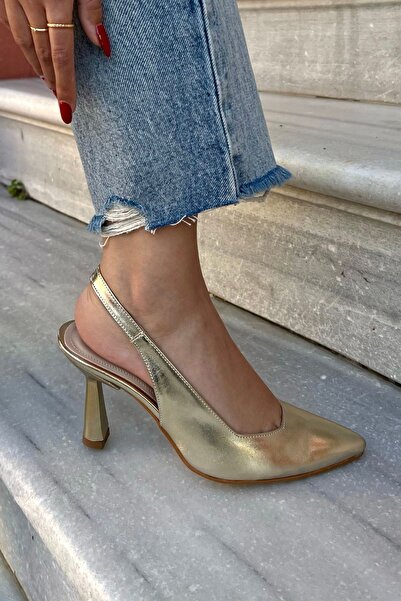 POLKA STORE Spark Metallic Skin Gold Gold Yellow Pointed Toe Open Back Stiletto Evening Dress Heeled Women's Shoes