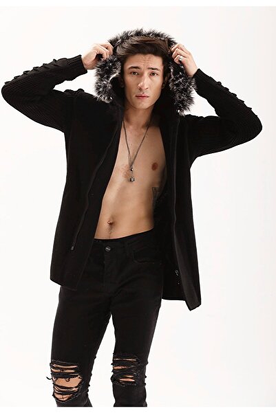 THIMOON Men's Black Furry Hooded Thick Knitwear Cardigan