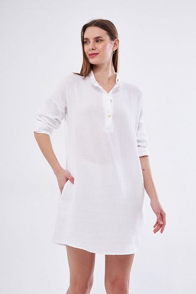 Yıldızistan Women's White Muslin Long Sleeve Prevailing Collar Pocket Casual Summer Tunic Shirt Dress3520260