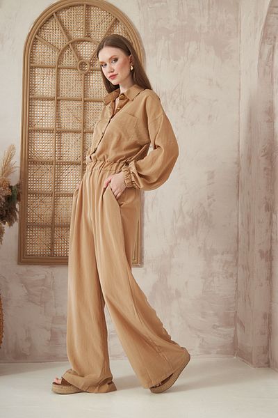 Yıldızistan Women's Caramel Pocketed Waist Elasticized Long Sleeve Loose Cut Kupra Jumpsuit Suitable for Hijab 3360451