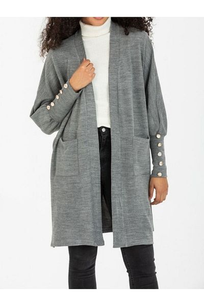 Pasaklı Giyim Women's Sleeves Button Detailed Slit Soft Textured Gray Long Knitwear Cardigan3442260