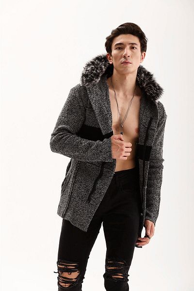 THIMOON Men's Gray Fur Hooded Slim Fit Zippered Long Cardigan with Pockets