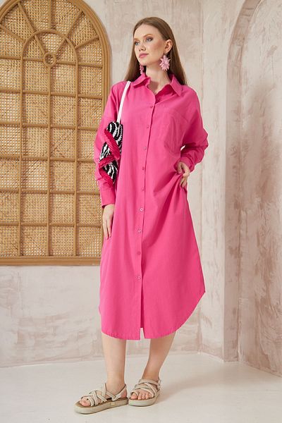 Yıldızistan Poplin cu mâneci lungi largi pentru femei, cu buzunare, lungi, casual, sport, cămașă, rochie, rochie fucsia3555270