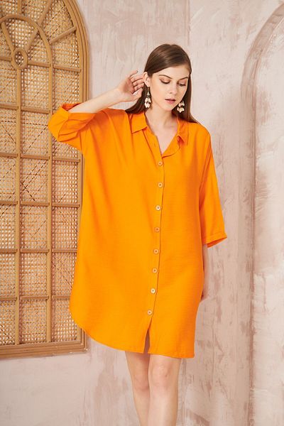 Yıldızistan Orange Midi Linen Shirt Dress - Loose, Half Folding Sleeves, Short Summer Tunic3582240