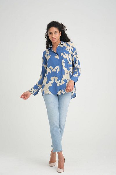 Yıldızistan Cămașă tunică de vară cu mânecă lungă din viscoză plisată, cu croiala lejeră, albastru indigo, bej3457220