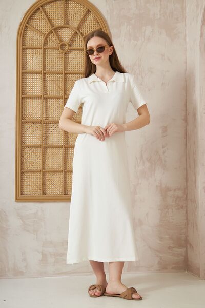 Yıldızistan Γυναικείο λευκό σχίσιμο με πλήρη εφαρμογή Polo λαιμόκοψη κοντό μανίκι μακρύ καθημερινό casual αθλητικό φόρεμα 3525250