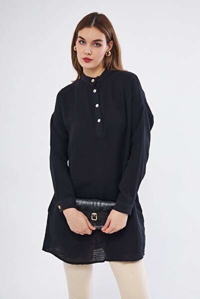 Yıldızistan Γυναικείο μαύρο μουσελίνα μακρυμάνικο φόρεμα με γιακά με τσέπη casual καλοκαιρινό πουκάμισο 3520260