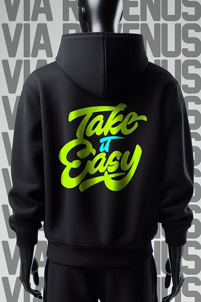 Vordevia Широк модел от 3 прежди Take it Easy - черен суитшърт с качулка и щампа отпред и отзад