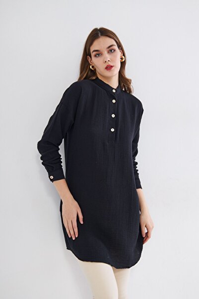 Yıldızistan Γυναικείο μαύρο μουσελίνα μακρυμάνικο φόρεμα με γιακά με τσέπη casual καλοκαιρινό πουκάμισο 3520260