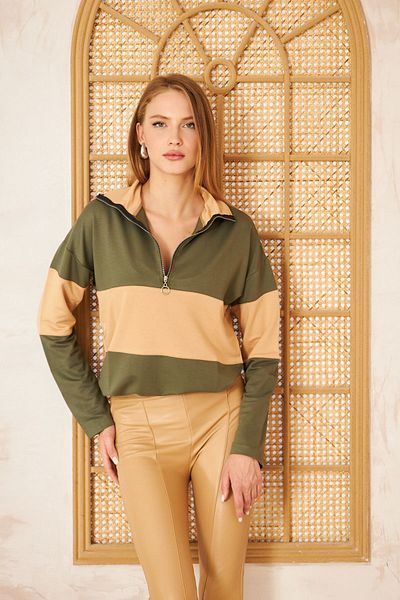 Pasaklı Giyim Khaki Beige Polo Collar Zippered Sweatshirt - Casual Basic Model 3471210