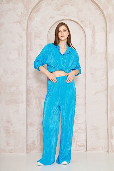 Yıldızistan Women's Blue Lycra Oversize Elastic Waist Trousers Tunic Shirt Double Wrap Casual Suit 3573300