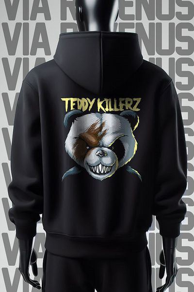 Vordevia Черен суитшърт с качулка Teddy Killerz с 3 прежди и широк модел - с щампа отпред и отзад