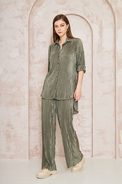 Yıldızistan Women's Khaki Lycra Wide Leg Elastic Waist Trousers Tunic Shirt Double Wrap Casual Suit 3573374