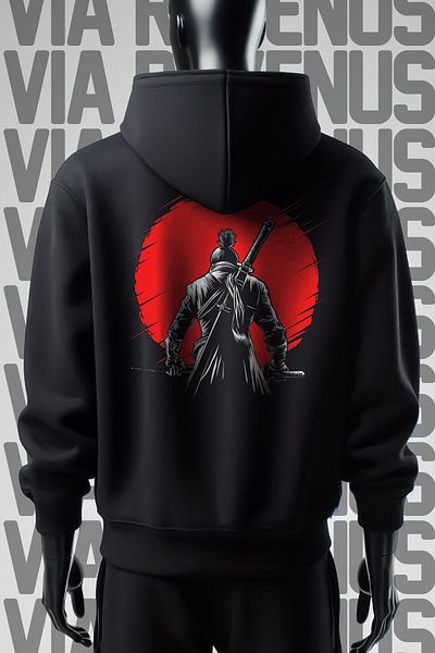 Vordevia Samurai Printed Black Hooded Sweatshirt - 3 Thread, Wide Fit